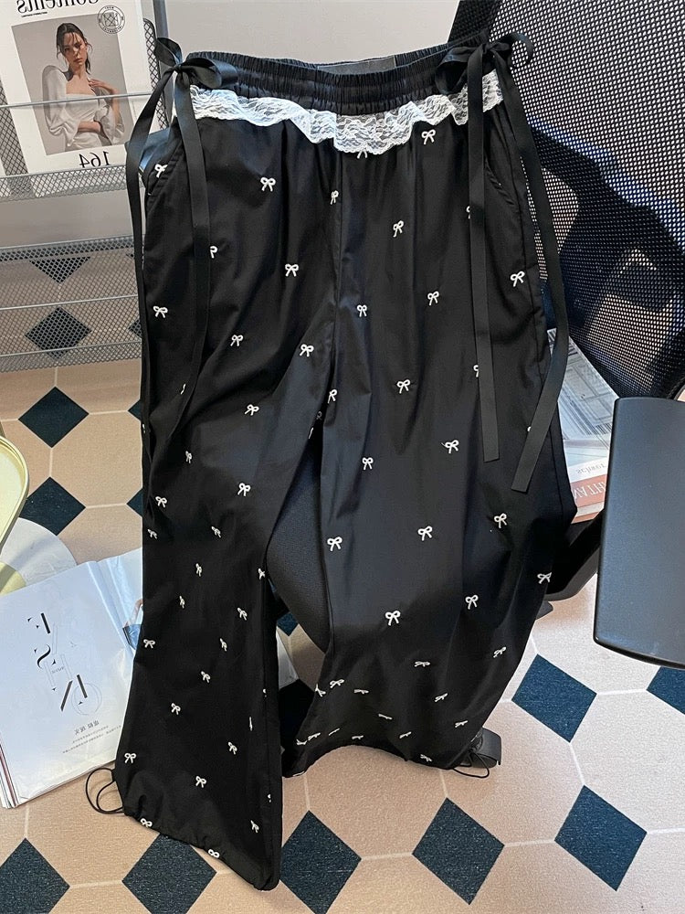 American hot girl lace stitching bow trousers men and women summer loose straight wide leg drape mopping casual pants