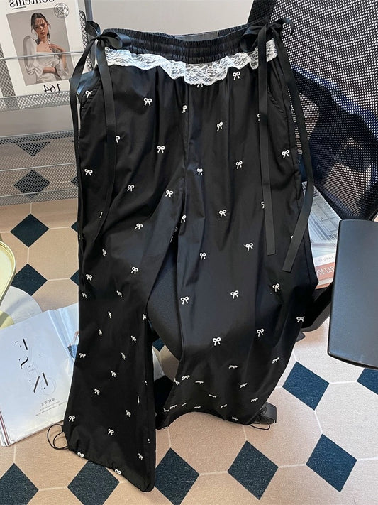 American hot girl lace stitching bow trousers men and women summer loose straight wide leg drape mopping casual pants