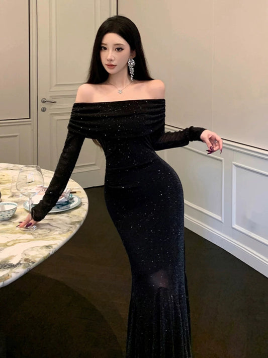 Hepburn-style little black dress, French style, socialite royal sister's high-end one-shoulder dress, slim-fitting fishtail dress
