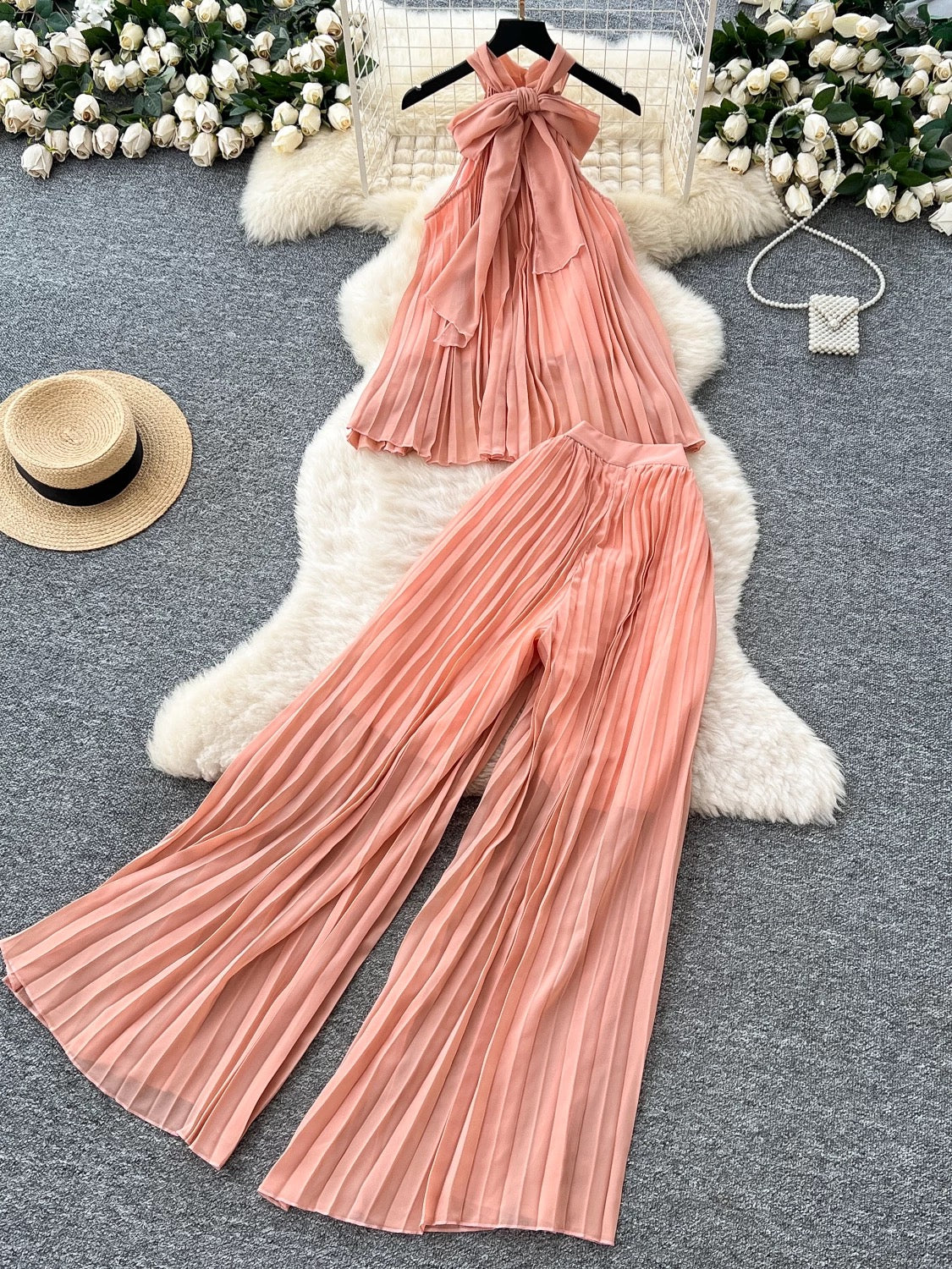 Pure and Desire Vacation Suit for Women: Halter Neck Tie-up Irregular Pleated Top and High-Waisted Wide-Leg Casual Pants