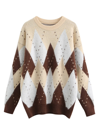 Mi Xiaoke's atmospheric long-sleeved inner sweater for women, autumn and winter, lazy style, retro diamond pattern color blocking round neck knit top