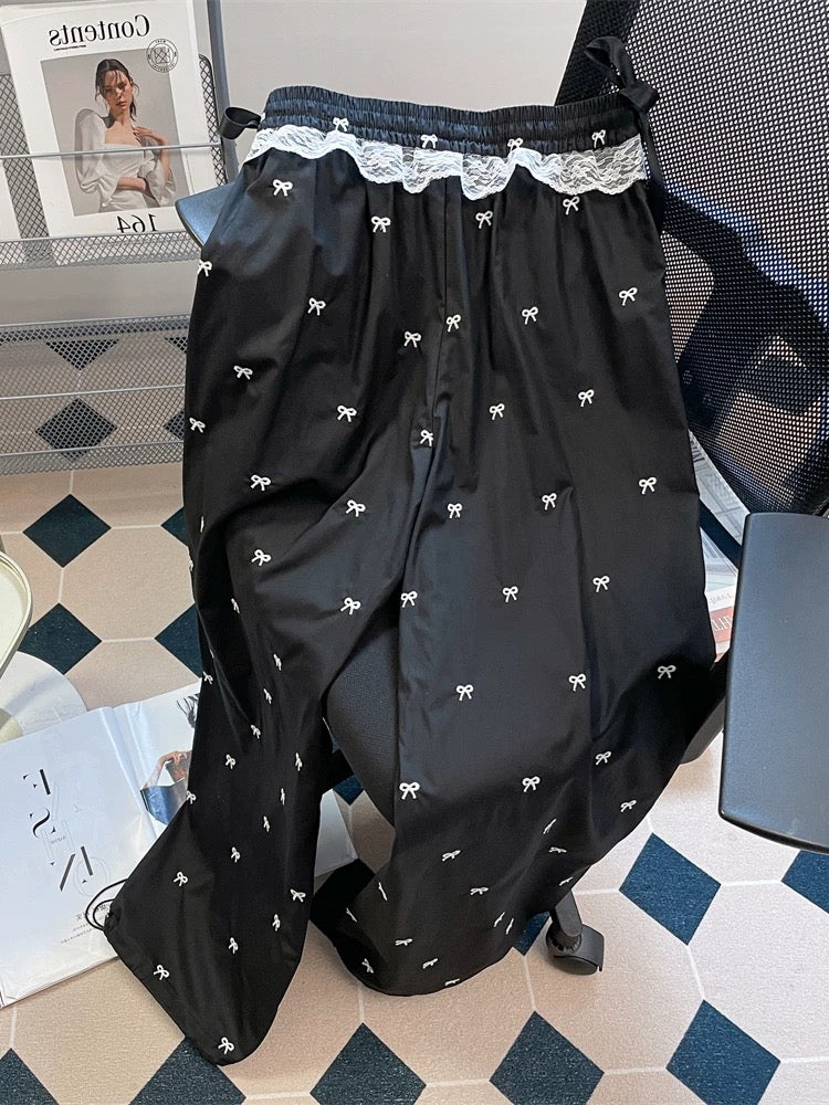 American hot girl lace stitching bow trousers men and women summer loose straight wide leg drape mopping casual pants
