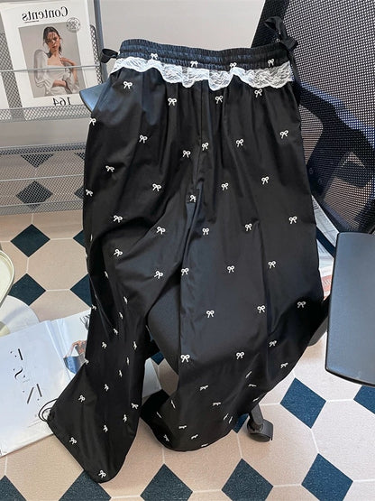 American hot girl lace stitching bow trousers men and women summer loose straight wide leg drape mopping casual pants