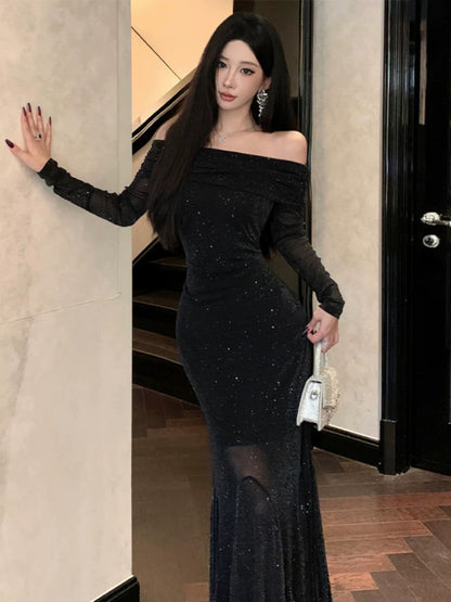 Hepburn-style little black dress, French style, socialite royal sister's high-end one-shoulder dress, slim-fitting fishtail dress