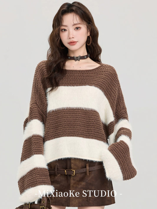 Mi Xiaoke's outfit: Color-blocked striped sweater for women, autumn and winter, loose fit, slimming, elegant and soft knit top.