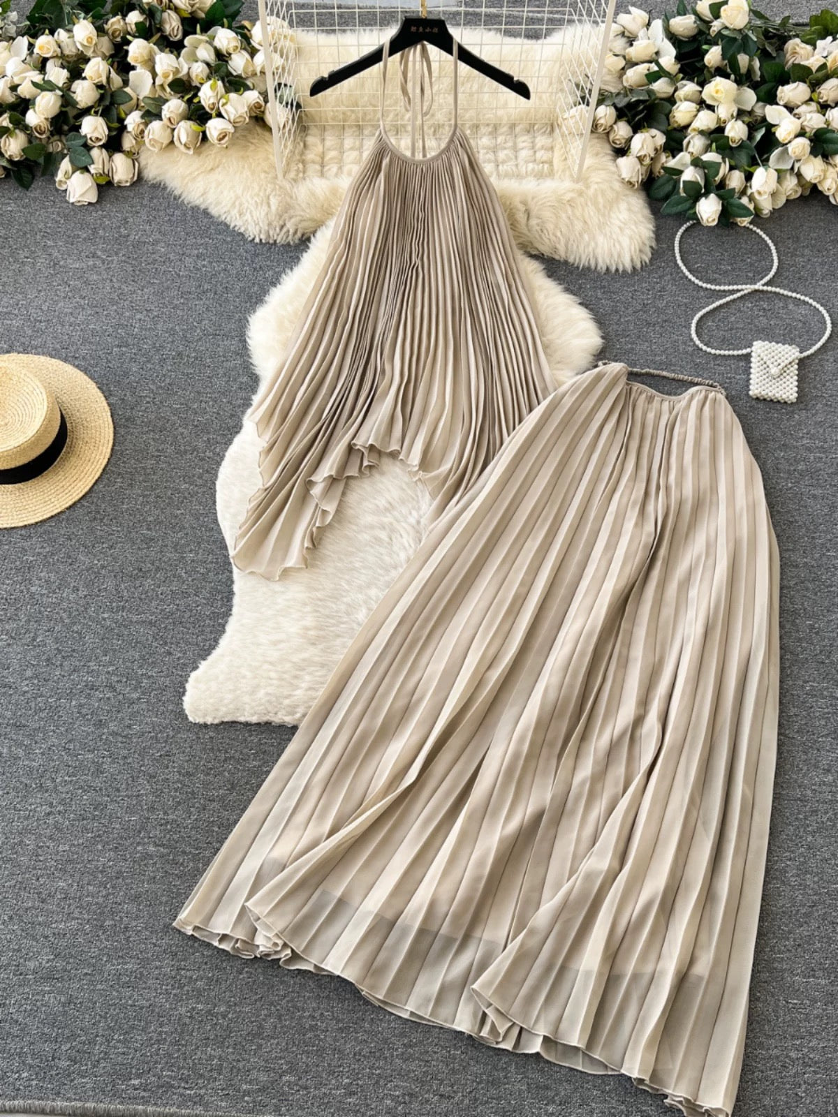 Dopamine-infused beach vacation fashion set for women: halter neck pleated camisole top + high-waisted midi skirt