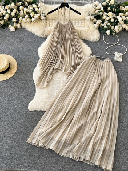 Dopamine-infused beach vacation fashion set for women: halter neck pleated camisole top + high-waisted midi skirt