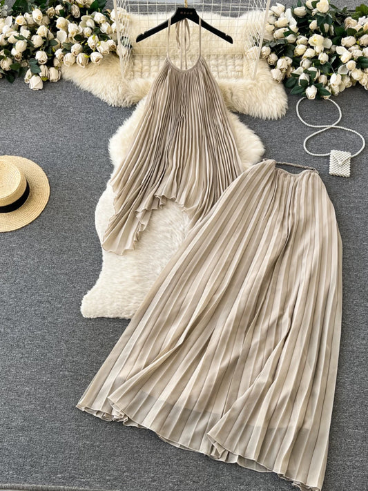 Dopamine-infused beach vacation fashion set for women: halter neck pleated camisole top + high-waisted midi skirt