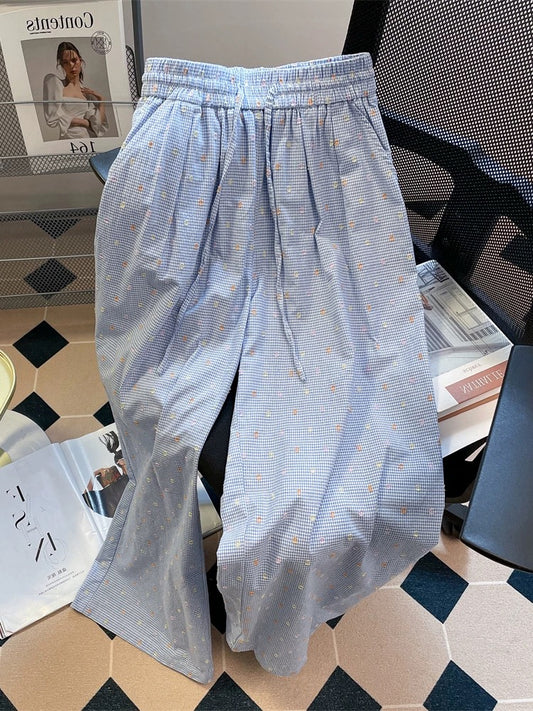 Korean loose bf lazy style polka dot plaid casual pants men and women summer dopamine wide leg high waist mopping trousers