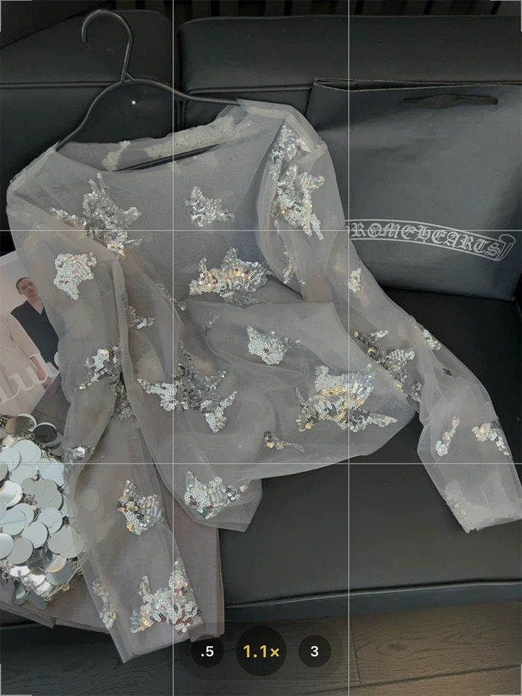 French sequin embroidered tops for women, elegant ladies, high-end 2025 new style sweet and spicy mesh T-shirt blouse