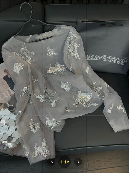 French sequin embroidered tops for women, elegant ladies, high-end 2025 new style sweet and spicy mesh T-shirt blouse