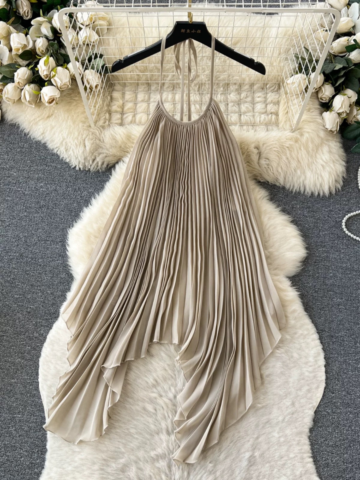 Dopamine-infused beach vacation fashion set for women: halter neck pleated camisole top + high-waisted midi skirt