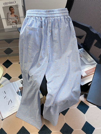Korean loose bf lazy style polka dot plaid casual pants men and women summer dopamine wide leg high waist mopping trousers