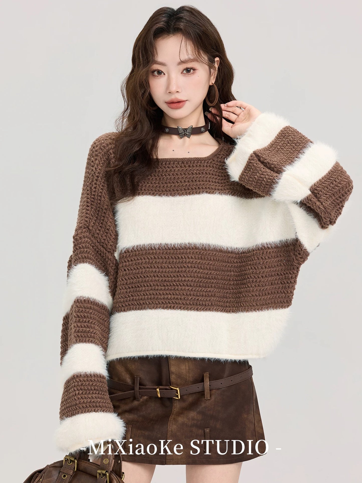 Mi Xiaoke's outfit: Color-blocked striped sweater for women, autumn and winter, loose fit, slimming, elegant and soft knit top.