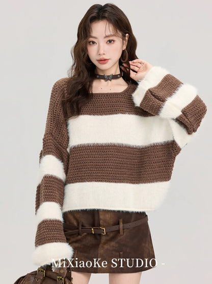 Mi Xiaoke's outfit: Color-blocked striped sweater for women, autumn and winter, loose fit, slimming, elegant and soft knit top.