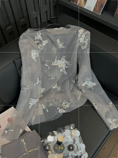 French sequin embroidered tops for women, elegant ladies, high-end 2025 new style sweet and spicy mesh T-shirt blouse