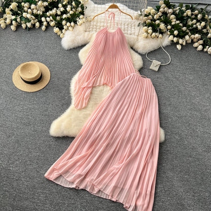 Dopamine-infused beach vacation fashion set for women: halter neck pleated camisole top + high-waisted midi skirt