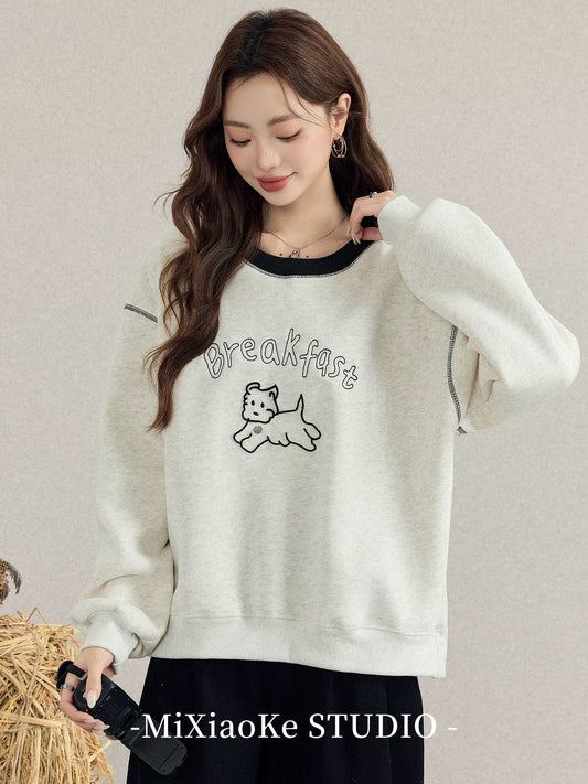 Mi Xiaoke Cartoon Puppy Embroidered Fleece Sweatshirt for Women, 2025 New Autumn and Winter Lazy Fleece Round Neck Long Sleeve Top