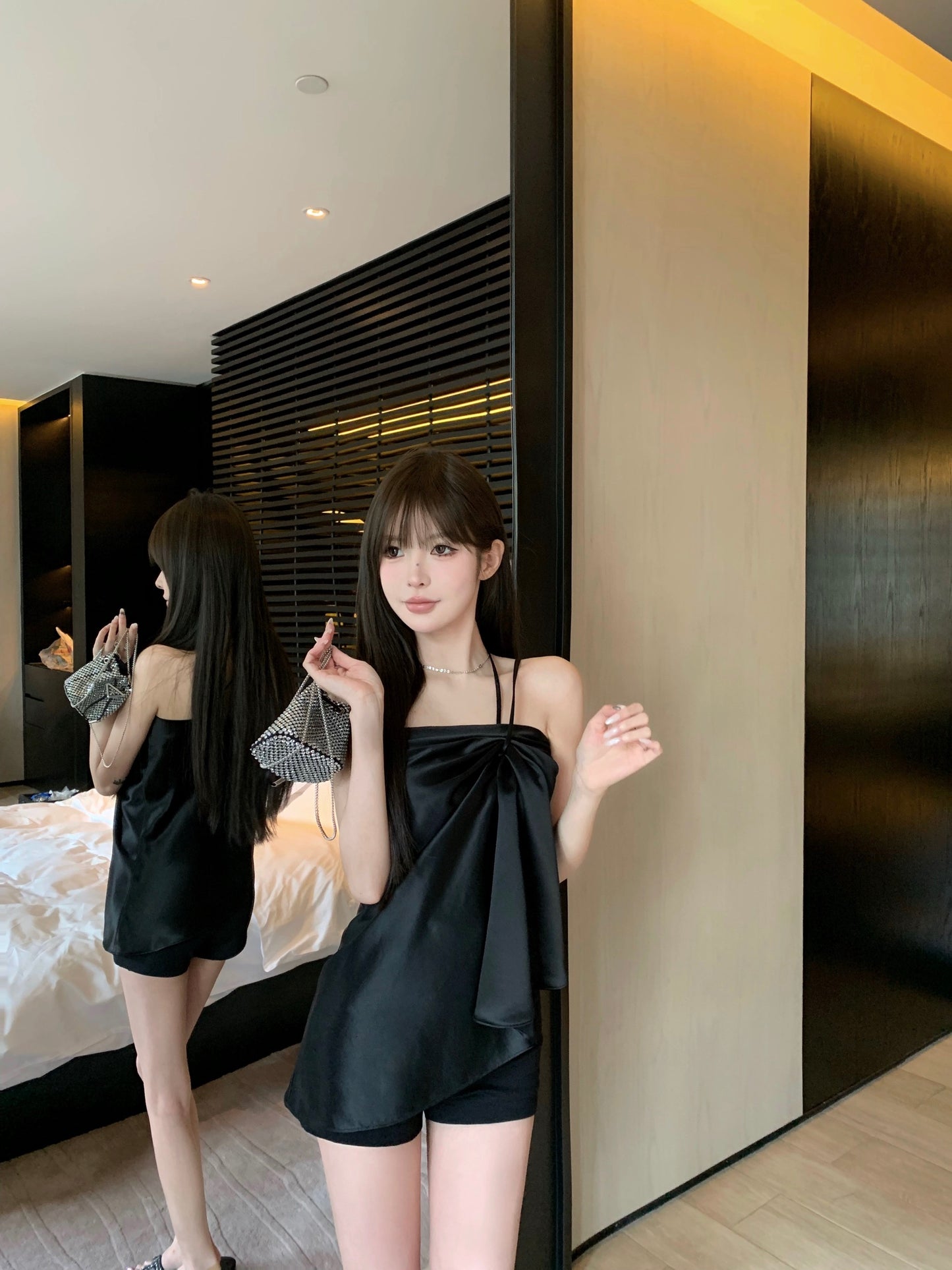 CHICYOU【Lux Series Delicate Lady】Real acetate slanted shoulder strap irregular temperament suspender top