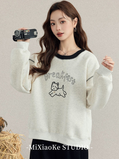 Mi Xiaoke Cartoon Puppy Embroidered Fleece Sweatshirt for Women, 2025 New Autumn and Winter Lazy Fleece Round Neck Long Sleeve Top