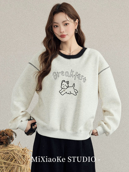 Mi Xiaoke Cartoon Puppy Embroidered Fleece Sweatshirt for Women, 2025 New Autumn and Winter Lazy Fleece Round Neck Long Sleeve Top