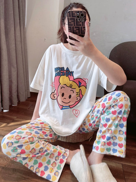 Japanese cute cartoon pajamas for women 2024 spring and summer new short-sleeved trousers pure cotton home clothes set can be worn outside