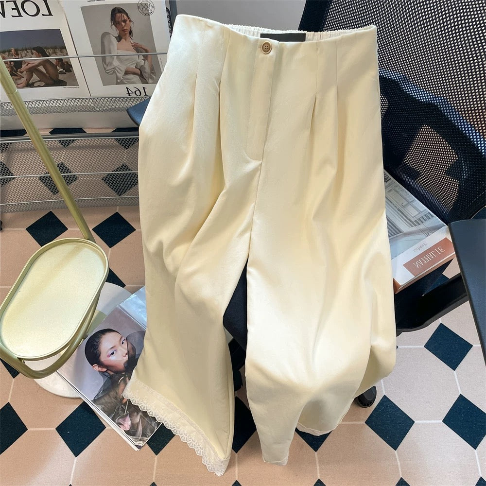 Korean style high-grade lace stitching wide-leg trousers for men and women in summer loose bf lazy style drape suit pants