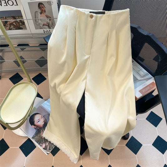 Korean style high-grade lace stitching wide-leg trousers for men and women in summer loose bf lazy style drape suit pants