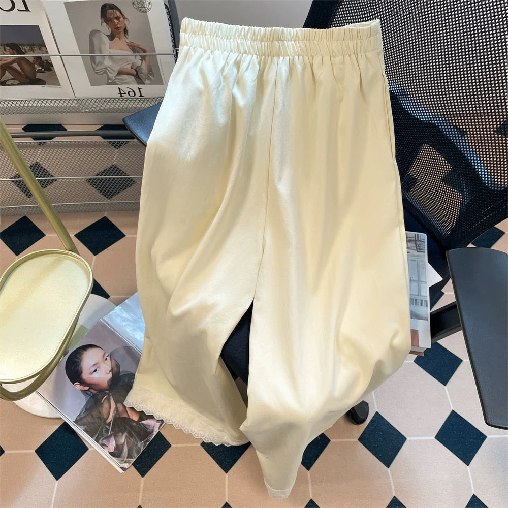 Korean style high-grade lace stitching wide-leg trousers for men and women in summer loose bf lazy style drape suit pants