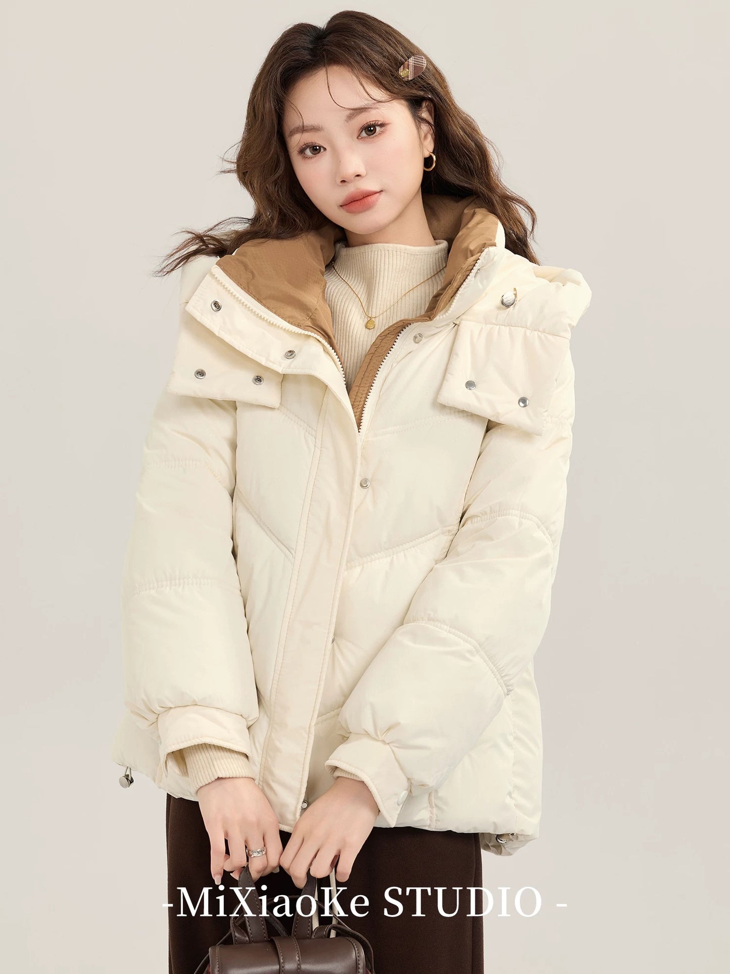 Mi Xiaoke French sweet style hooded cotton-padded coat, women's winter winter petite thick warm puffer jacket