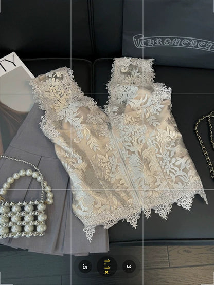 Heavy lace embroidery camisole for women with mesh waist and hot girl style 2025 new sexy pure desire V-neck top