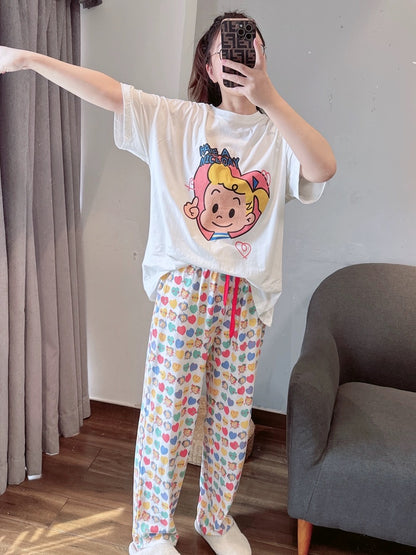 Japanese cute cartoon pajamas for women 2024 spring and summer new short-sleeved trousers pure cotton home clothes set can be worn outside