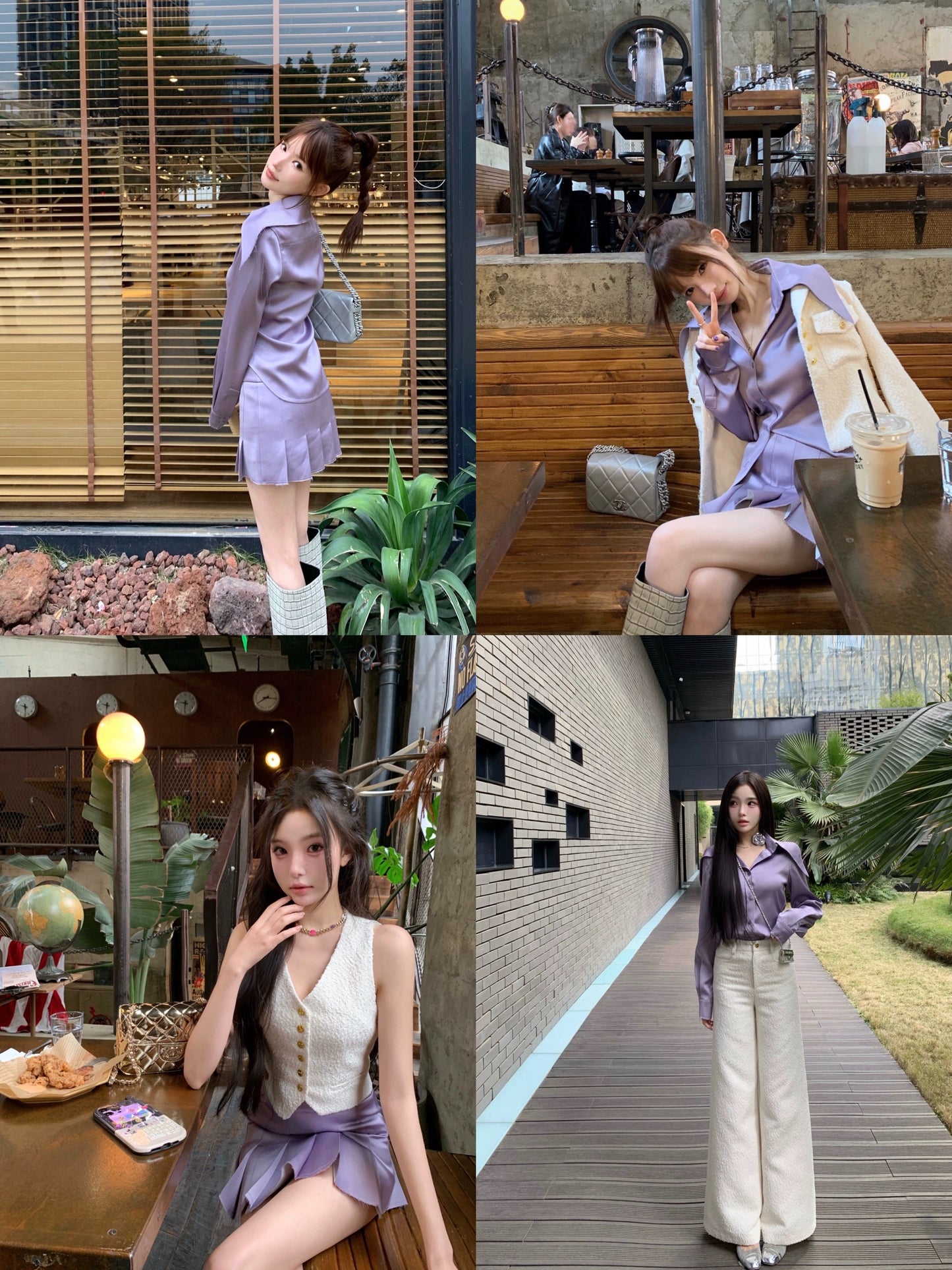 CHICYOU Lux Series Premium Silky Glossy Satin Point Collar Shirt Top + Low Waist Pleated Skirt