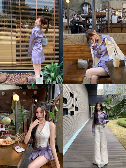 CHICYOU Lux Series Premium Silky Glossy Satin Point Collar Shirt Top + Low Waist Pleated Skirt