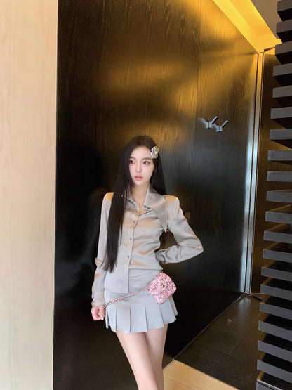 CHICYOU Lux Series Premium Silky Glossy Satin Point Collar Shirt Top + Low Waist Pleated Skirt