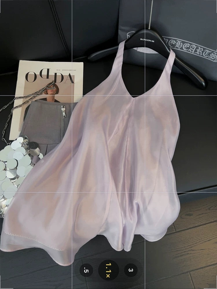 Zhao Lusi same style halter neck dress female age reduction playful gentle style 2025 new backless flower bud puffy short skirt