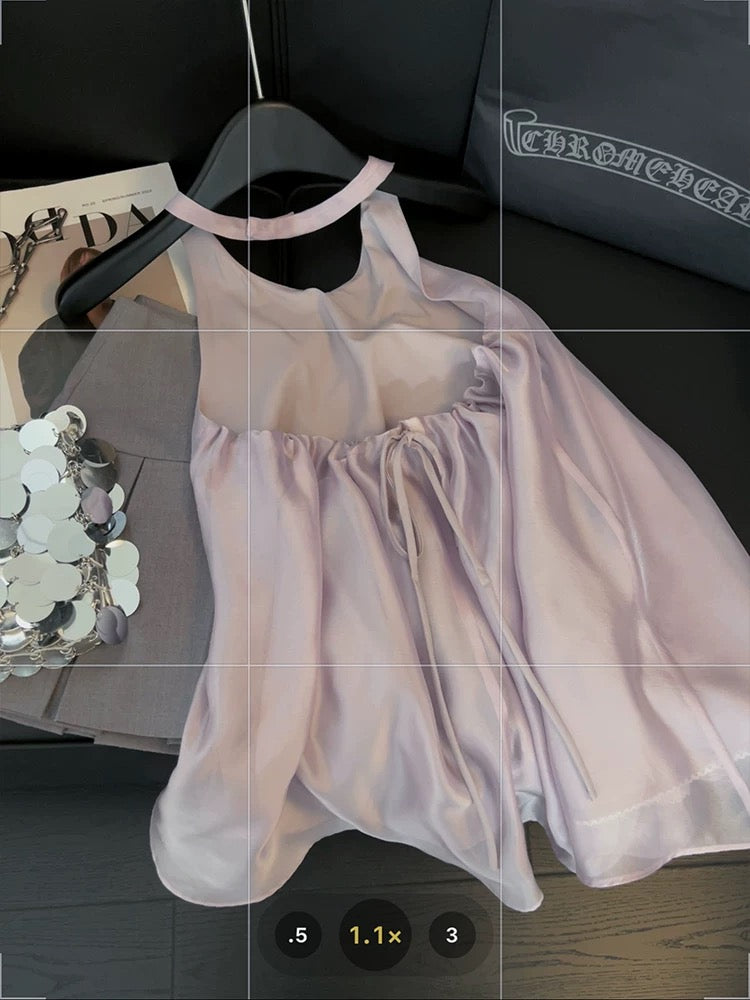 Zhao Lusi same style halter neck dress female age reduction playful gentle style 2025 new backless flower bud puffy short skirt
