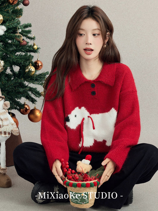 Mi Xiaoke's New Year's Red Sweater for Women, Autumn and Winter Lazy Style Knitted Top, Christmas Outfit Base Layer