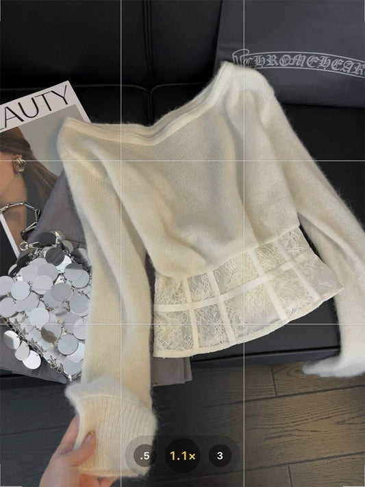 White lazy style knitted tops for women, lace herringbone stitching design, spring waisted hot girl style off-shoulder sweater