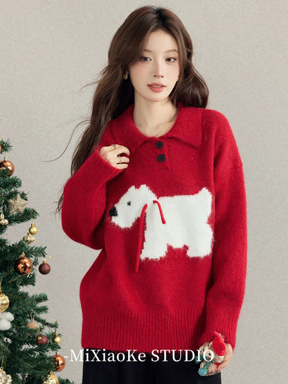 Mi Xiaoke's New Year's Red Sweater for Women, Autumn and Winter Lazy Style Knitted Top, Christmas Outfit Base Layer