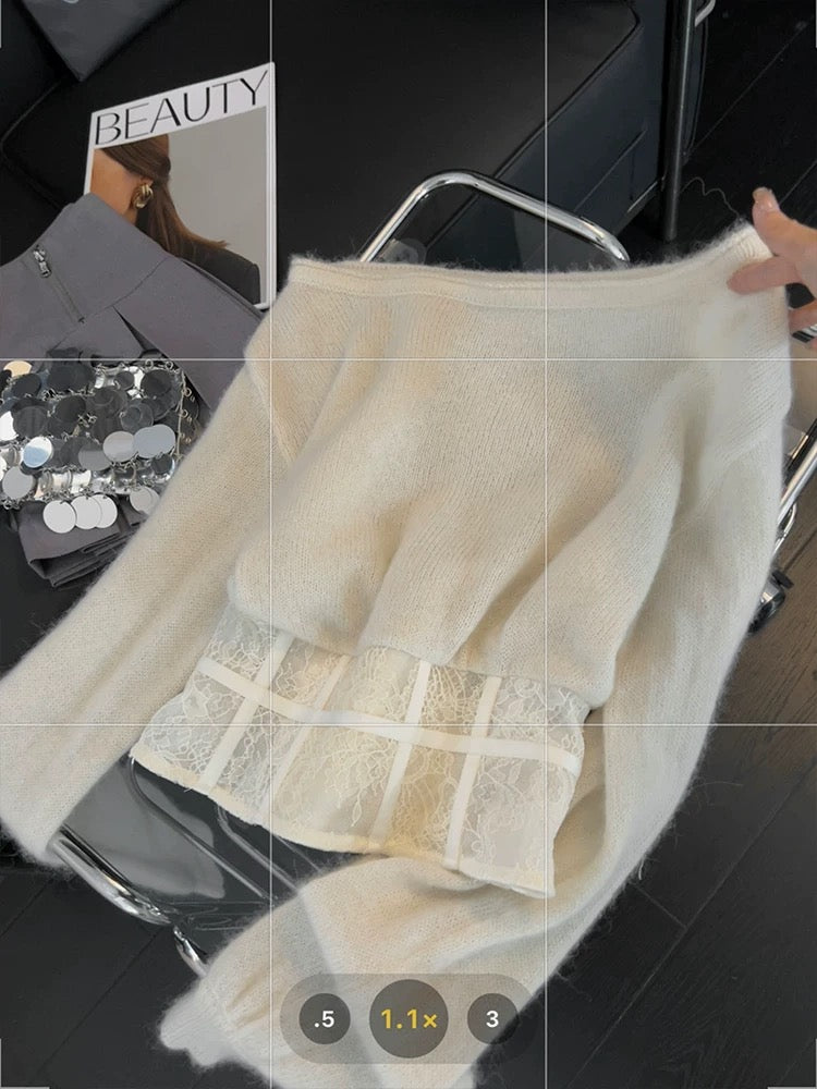 White lazy style knitted tops for women, lace herringbone stitching design, spring waisted hot girl style off-shoulder sweater