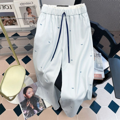 2025 new bow embroidery striped wide-leg trousers for men and women summer loose bf lazy style straight casual trousers