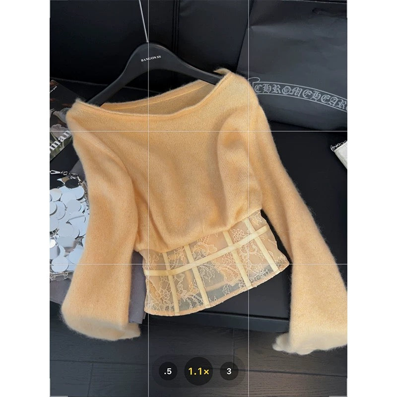White lazy style knitted tops for women, lace herringbone stitching design, spring waisted hot girl style off-shoulder sweater