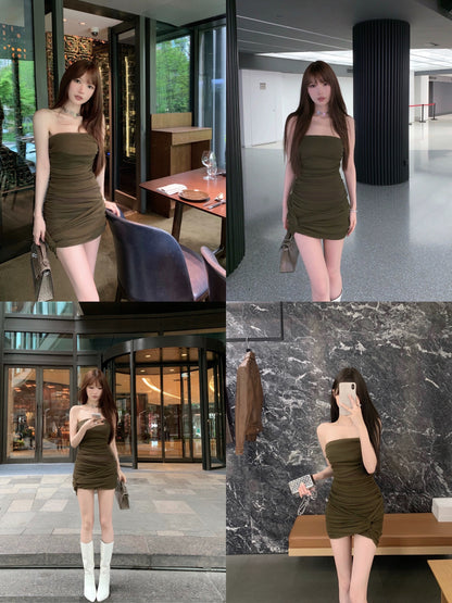 CHICYOU Dark Green Super White Design Mesh Twist Dress Slimming Versatile Sexy Tube Skirt