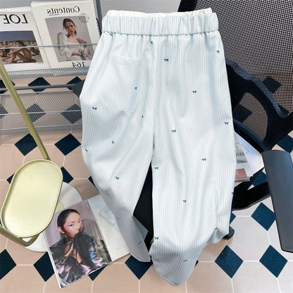 2025 new bow embroidery striped wide-leg trousers for men and women summer loose bf lazy style straight casual trousers