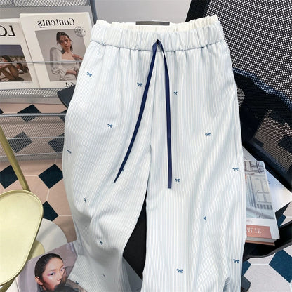 2025 new bow embroidery striped wide-leg trousers for men and women summer loose bf lazy style straight casual trousers