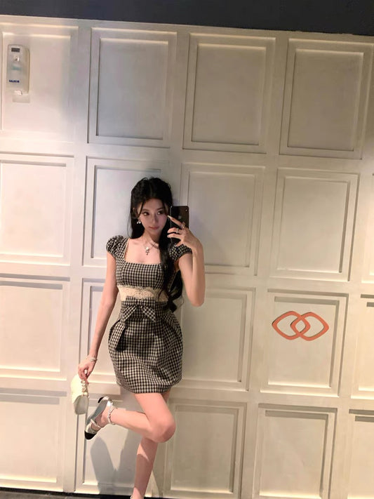 BarbChill lace openwork dress, summer bow birthday dress, miu-style elegant little dress