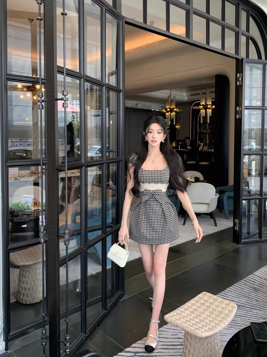 BarbChill lace openwork dress, summer bow birthday dress, miu-style elegant little dress