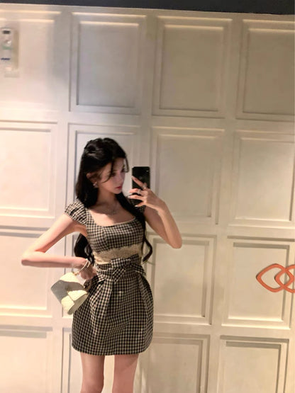 BarbChill lace openwork dress, summer bow birthday dress, miu-style elegant little dress