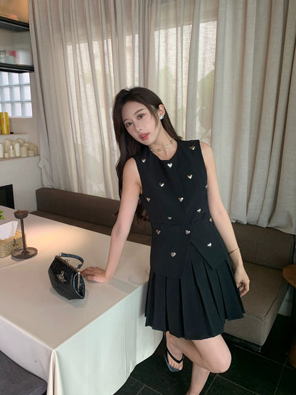 Xiajia Metal Love Slim Suit Vest Vest Pleated Skirt Two-piece Suit Women's Summer Thin Style